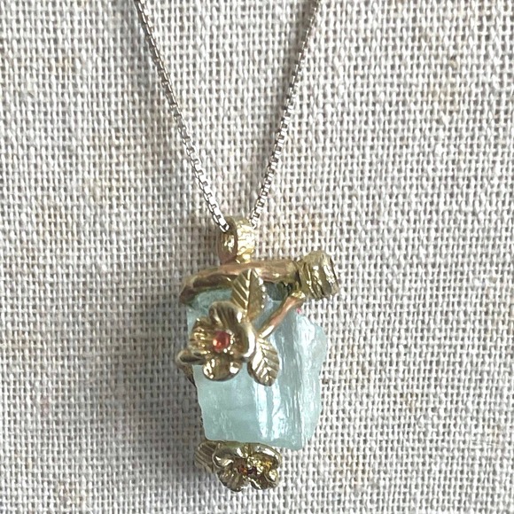 Jewelry - Aquamarine Pendant Necklace Sterling Silver 925 Gold Vermeil Leaf Branch 17"